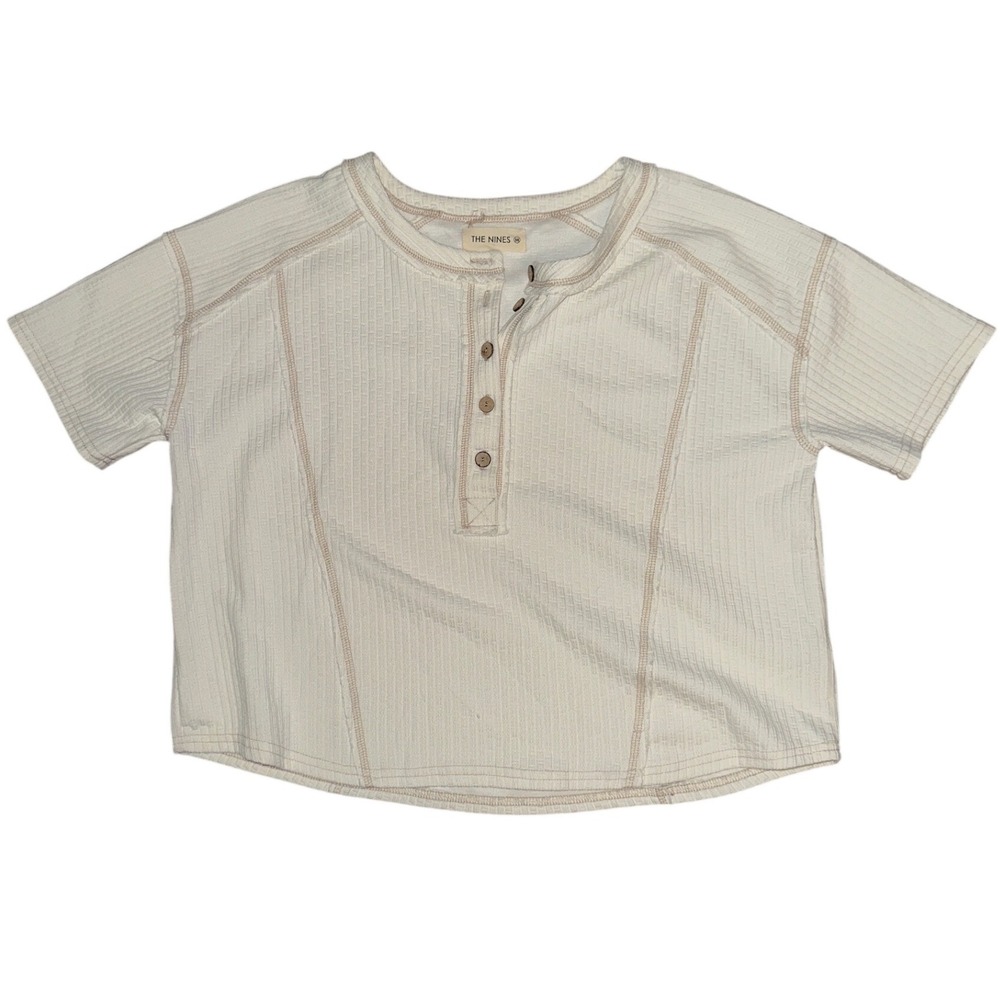 The Nines Womens Cream Waffle Knit Henley Short Sleeve Cropped Top J6ST1030 M